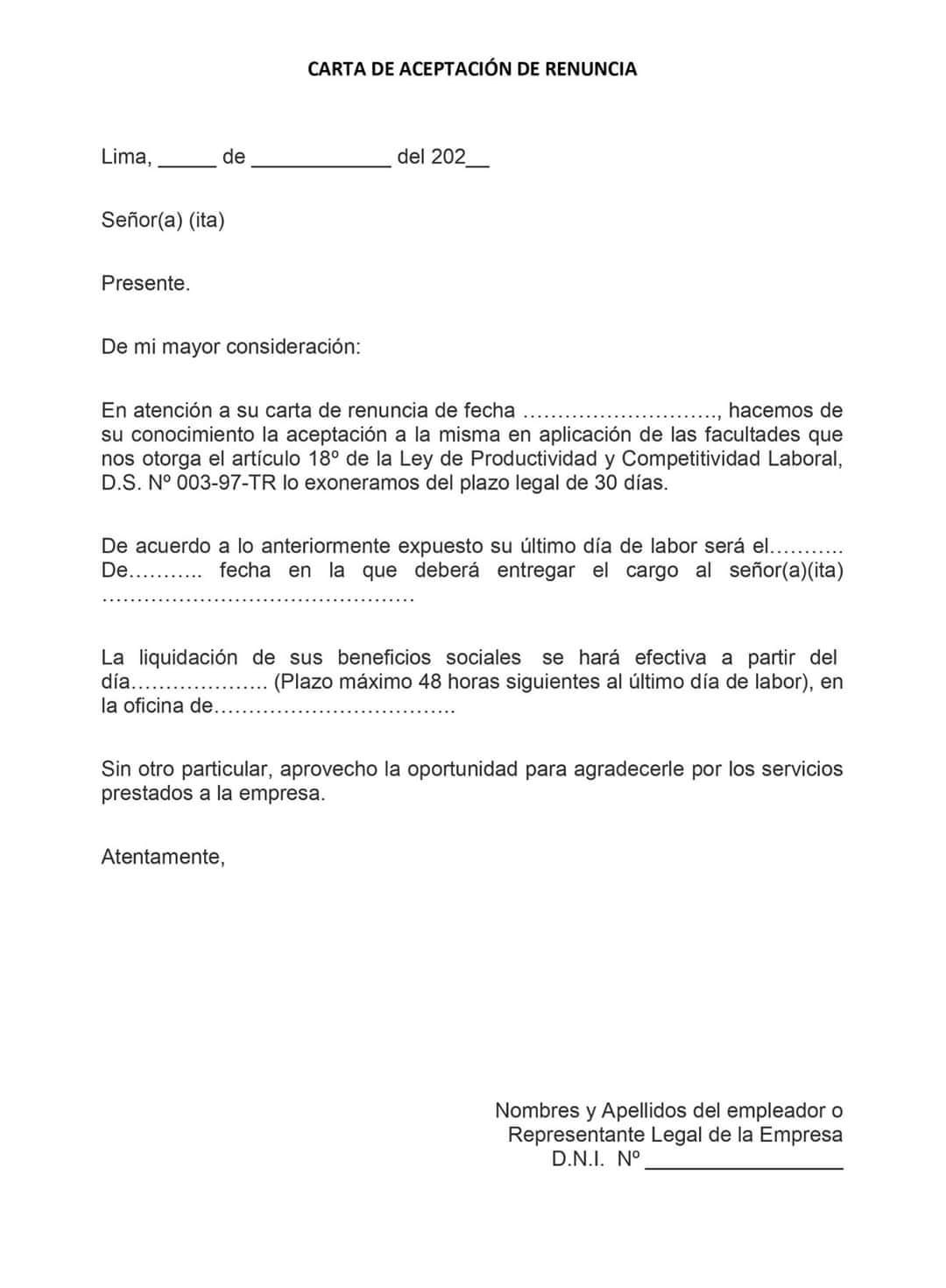 CARTA DE RENUNCIA DE TRABAJADOR